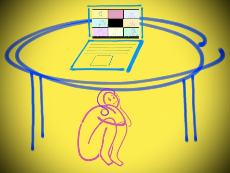 Drawing of a person hiding under a table on which a laptop has Zoom open