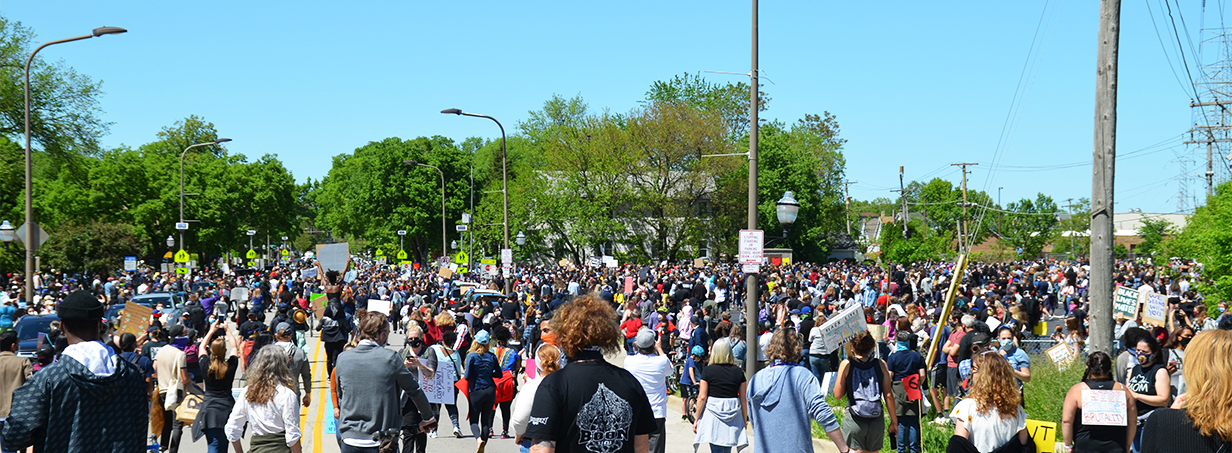 A view of protesters walking in Evanston, Illinois