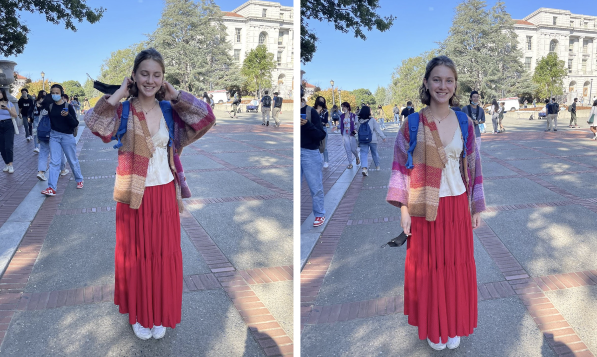 Two photos of a student in a long red skirt. 