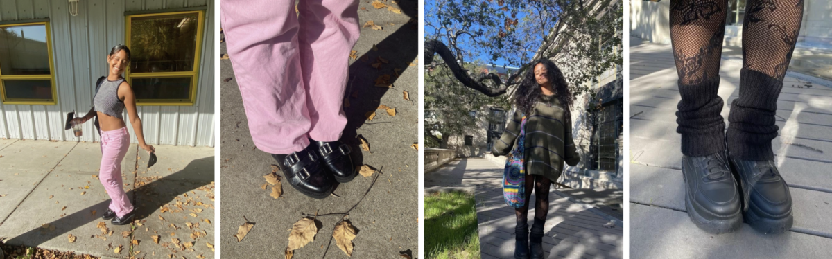Four photos: in photo one, a student in pink pants is posing.  In the second photo, a close-up of the student in pink pants with black buckle shoes.  In the third photo, a student in a big sweater.  In photo three, a close-up of the student with the shoes and tights of the big sweater.